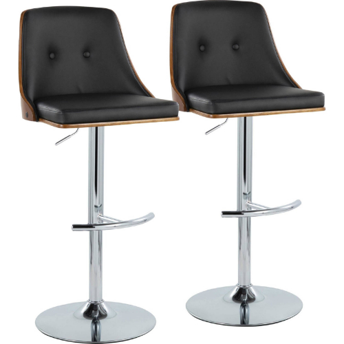 Gianna Adjustable Swivel Bar Stool in Chrome, Walnut Wood & Black Leatherette (Set of 2)